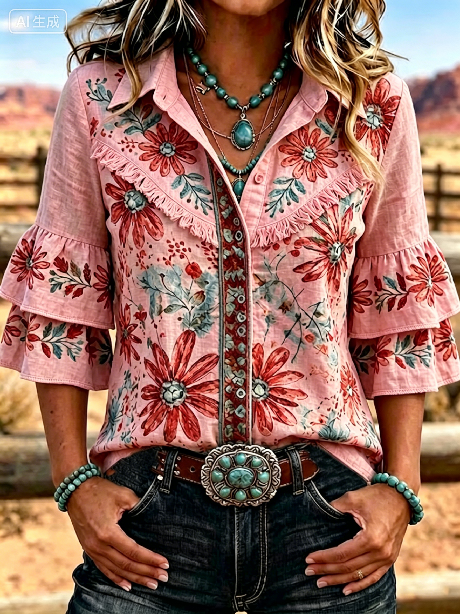 Women's Vintage Floral Embroidered Casual Ruffle Lapel Shirt